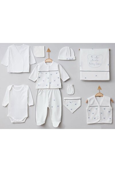 Gaye Bebe Ayıcık Nakışlı 10lu Erkek Bebe Hastane Çıkışı Kutulu Set