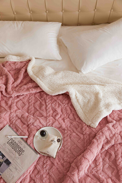 JOJO HOME Cocolino blanket with fur, Tricot type, 200x230cm, plush microfiber, Pink