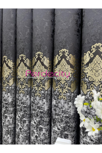 PERDECITY Venus Gray Anthracite Gold Ottoman Patterned Panel Backdrop Curtain 1X3 Tightly Pleated Suitable for All Rooms