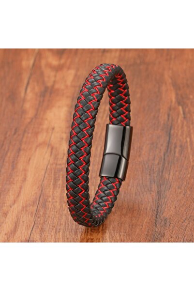 FM Red Black Leather Braided Steel Bracelet 31833B4D2