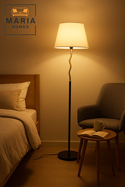 MARIA HOMES Modern Black & Gold Floor Lamp with White Shade – Elegant Standing Light for Living Room & Bedroom