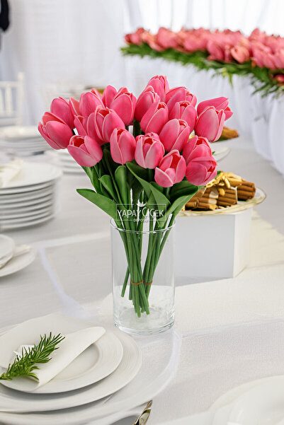 Yapay Çiçek Deposu Yapay 8li Islak Lale Buketi Gerçek Doku Canlı Pembe