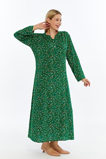 LİKAPA Green Crisp Patterned Long Sleeve Viscose Mother Dress – Casual Chic
