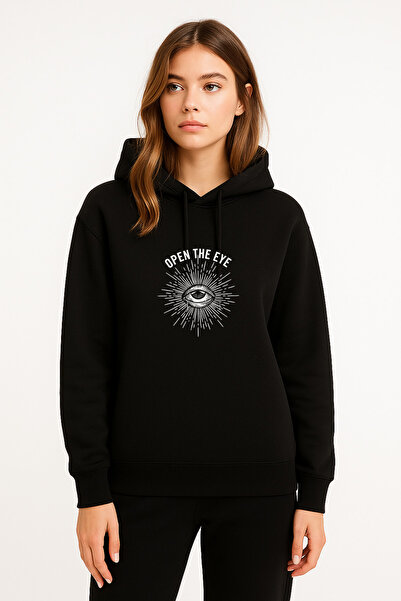 MODA Hanorac pentru femei Open The Eye cu imprimeu negru cu glugă Swea tricou