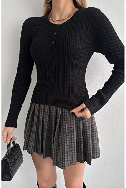 fujya Open Neck Knitted Purry Knitwear Blouse Black