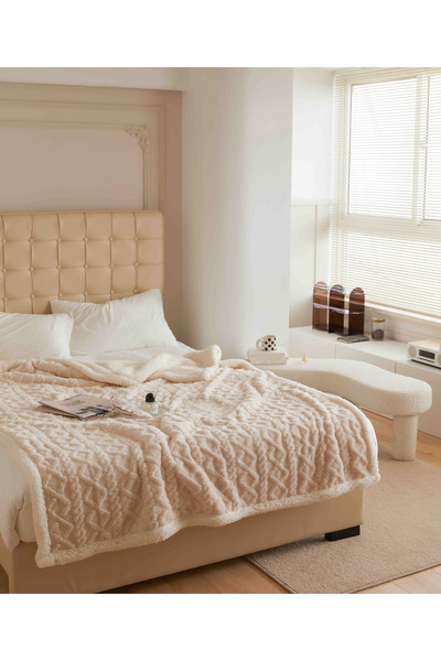 JOJO HOME Cocolino blanket with fur, Tricot type, 200x230cm, plush microfiber, Cream