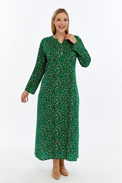LİKAPA Green Crisp Patterned Long Sleeve Viscose Mother Dress – Casual Chic