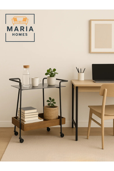 MARIA HOMES Bar Trolley with Brown Wooden Tray & Gray Glass Top – Modern Serving Cart with Wheels 70×45×85 cm