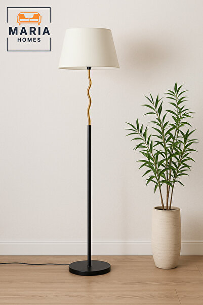MARIA HOMES Modern Black & Gold Floor Lamp with White Shade – Elegant Standing Light for Living Room & Bedroom