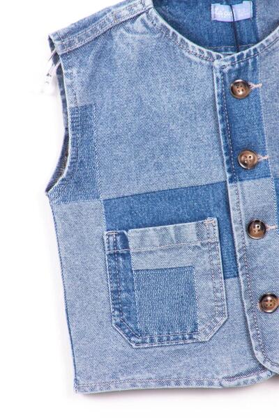 Magu Unisex Children's Cotton Blue Patchwork Denim Vest - Buttoned Model with Pockets