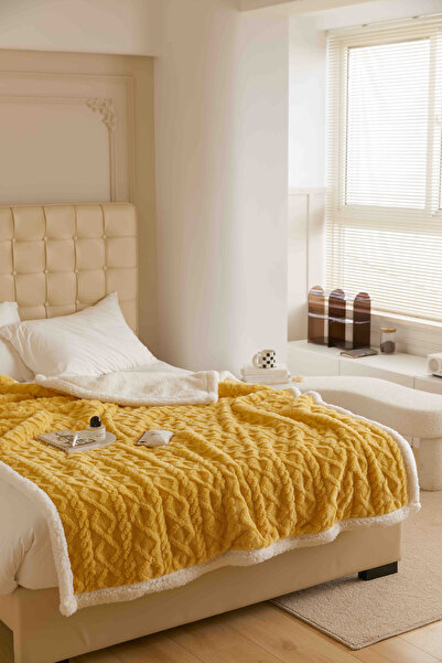 JOJO HOME Cocolino blanket with fur, Tricot type, 200x230cm, plush microfiber, Yellow