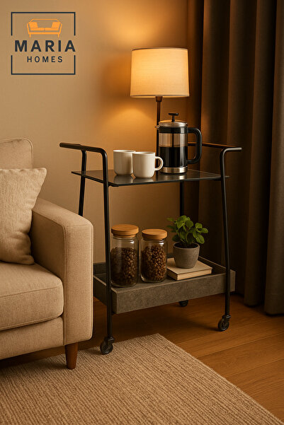 MARIA HOMES Gray Bar Trolley with Gray Glass Top – Modern Serving Cart with Wheels 70×45×85 cm