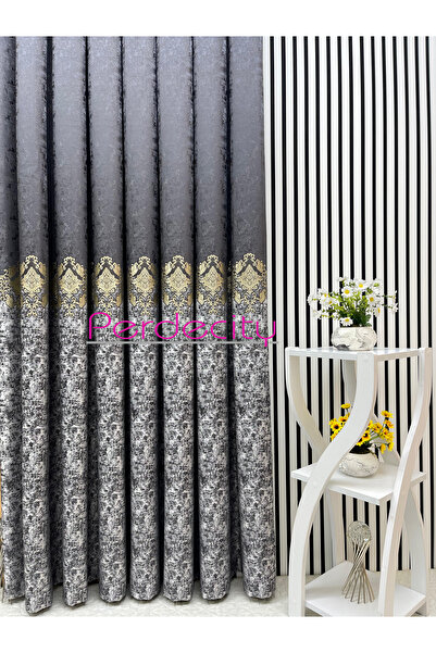 PERDECITY Venus Gray Anthracite Gold Ottoman Patterned Panel Backdrop Curtain 1X3 Tightly Pleated Suitable for All Rooms