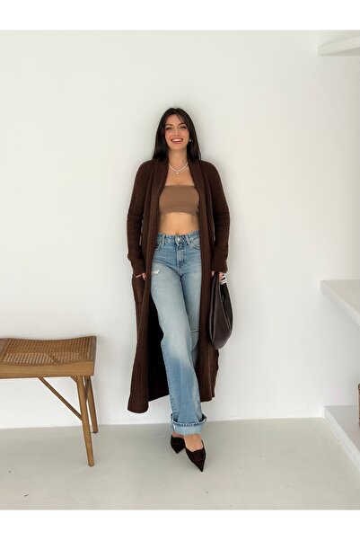 02Lady Fashion Shawl Collar Double Pocket Long Knit Fabric Cardigan