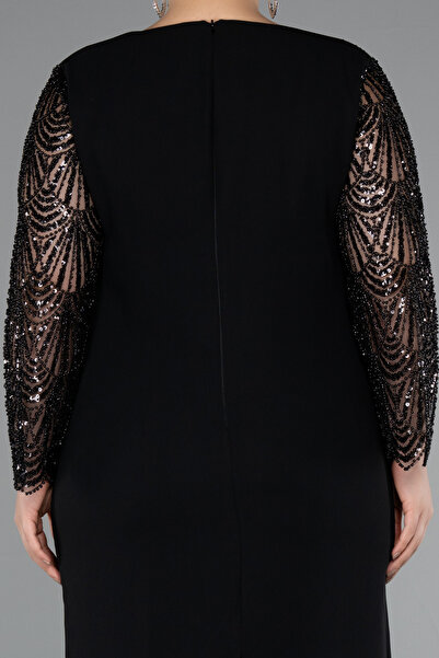 Abiyefon Siyah Taşlı Uzun Kol Midi Büyük Beden Davet Elbisesi ABK2417