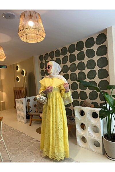 ensade Design Balloon Sleeve Lined Yellow Fishtail Dress