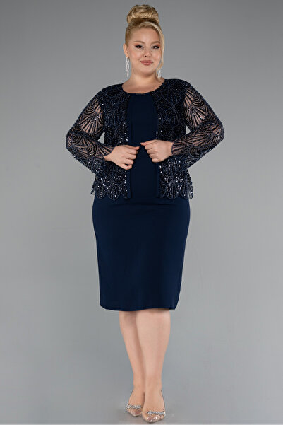 Abiyefon Lacivert Taşlı Uzun Kol Midi Büyük Beden Davet Elbisesi ABK2417