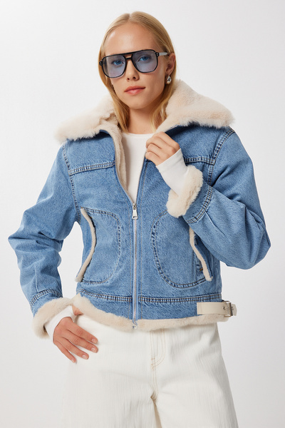 Lovelyİstanbul Τζιν μπουφάν με γούνα εσωτερικά και γιακά πόλο LAN0073 ΜΠΛΕ