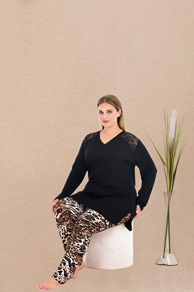 MOPİ Plus Size Black Lace Detailed and Patterned Viscose Home Wear & Pajama Set – Comfortable and Stylish