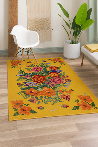 Rugs Modern Halı MOSSO Sarı Temalı Karma Çiçekler Desenli Dokuma Taban Modern...