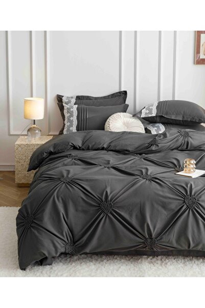 JOJO HOME Bed Sheets, 6 Pieces, Embroidered Hearts, Finet Premium, Dark Grey