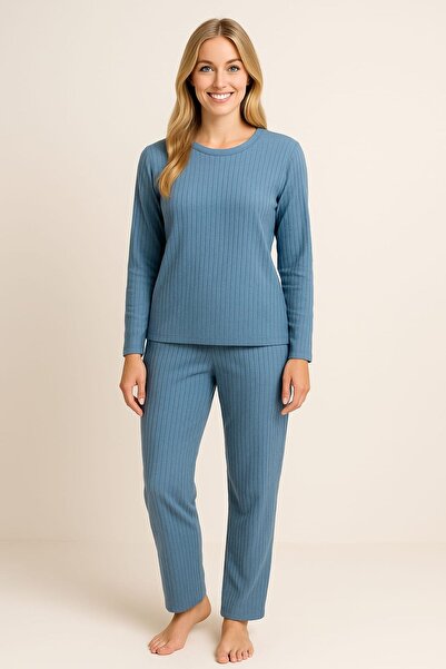 enmodaiçgiyim Blue Striped Women's Pajama Set – Long Sleeve, Comfortable Fit, Soft Fabric, Stretchy