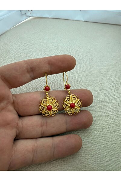 Midyat Artuklu Gümüşçülük Mercan Taşlı Telkari Gümüş Altın Kaplama Küpe