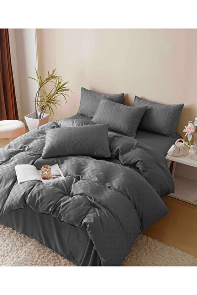 JOJO HOME Bed Linen, 2 Persons, 6 Pieces, Fine Jacquard, Dark Grey