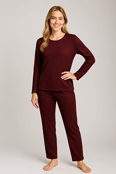 enmodaiçgiyim Burgundy Striped Women's Pajama Set – Long Sleeve, Comfortable Fit, Soft Fabric, Stretchy