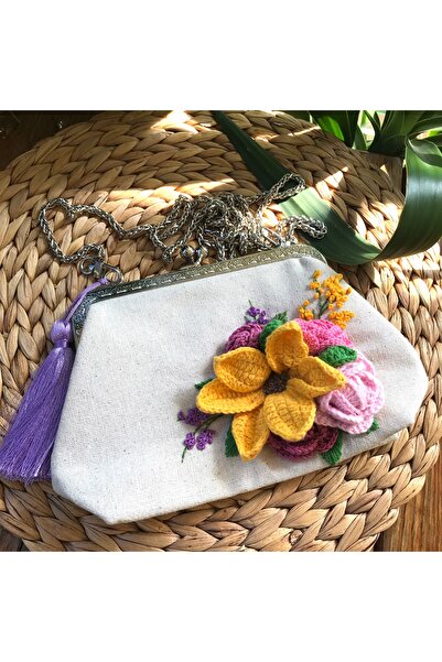 Home 25X14 Size Linen Fabric with Knitted Flower Motif 3D Hand Embroidery Embroidered Bag 100% Handmade