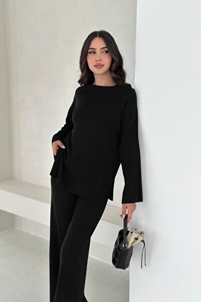 Noi Belis طقم تريكو أساسي بأكمام راجلان وفتحة جانبية AW25AU0008