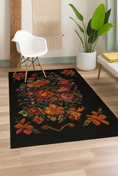 Rugs Modern Halı MOSSO Μαύρο Θεματικό Χαλί με Μοτίβο Μικτών Λουλουδιών, Υφαντ...