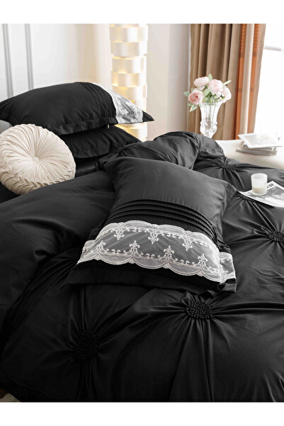 JOJO HOME Bed Sheets, 6 Pieces, Embroidered Hearts, Finet Premium, Black