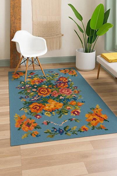 Rugs Modern Halı سجادة موسو الزرقاء ذات الطابع الزهري المتنوع، منسوجة بنمط زه...