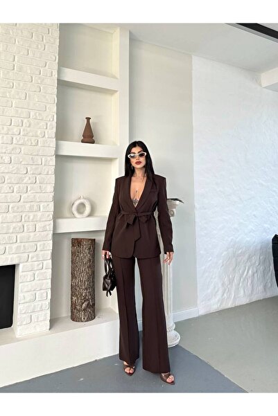 buqre's moda Women's Tie-Up Belted Shawl Collar Blazer Jacket Flared Leg Stretchy Pants Suit