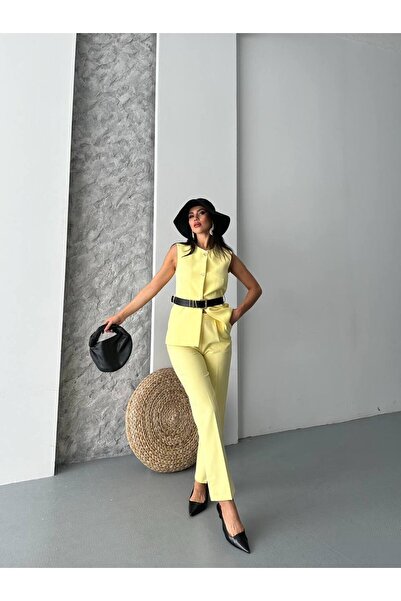 buqre's moda Women's Top and Bottom Set Stylish Button Belt Detailed Vest Pants Two Piece Set