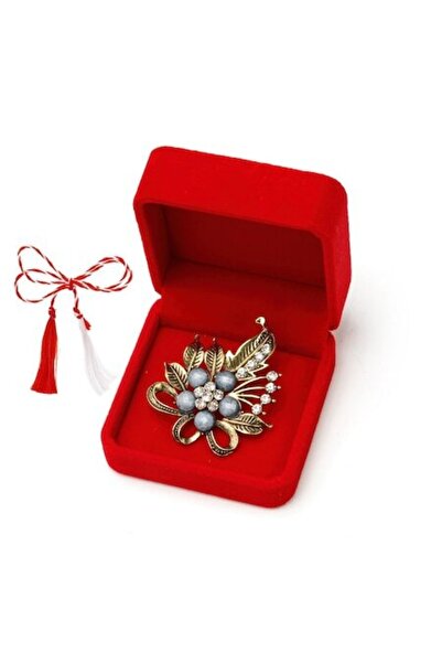 OEM Broșă vintage, floare cu pietre fațetate în cutie de catifea roșie, gri