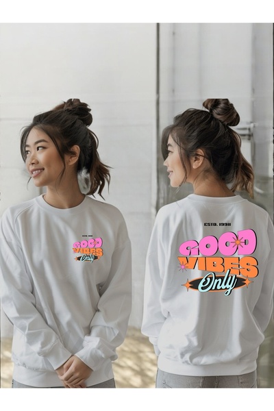 ArtYus سويت شيرت برقبة دائرية وأكمام طويلة للجنسين مطبوع عليه Good Vibes