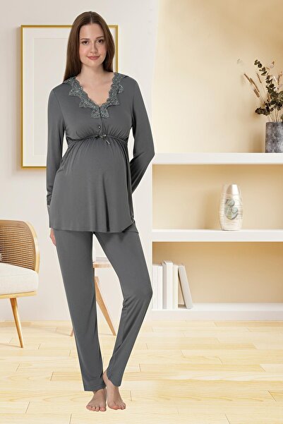 Lohussa Women's Smoked Special Design Lace Detailed Long Sleeve Maternity Pajama Set