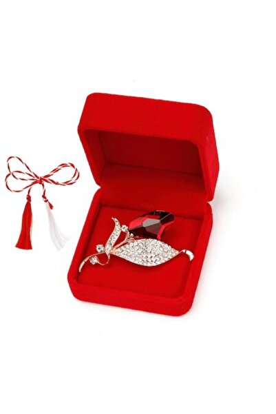 OEM Martisor brooch tulip with rhinestones in velvet box, red