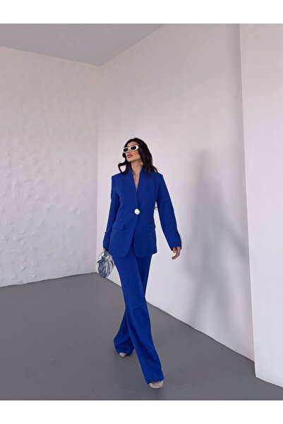 buqre's moda Χρυσό Σετ Μπλέιζερ με Μονό Κουμπί και Όρθιο Γιακά