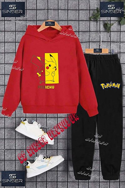 SS SİNSER Детски унисекс комплект спортен екип с качулка и принт „PIKHACU HAL...