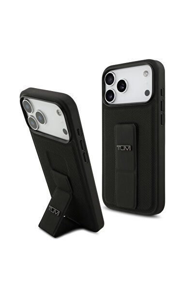 TUMI Leather iPhone 17 Pro Max case. iPhone 17 Pro Max case with a back grip for carrying the phone or installing it as a stand.