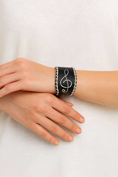 Herşey Nota Gerçek Deri Sol Anahtar Bileklik – Siyah Beyaz Şık Hediyelik