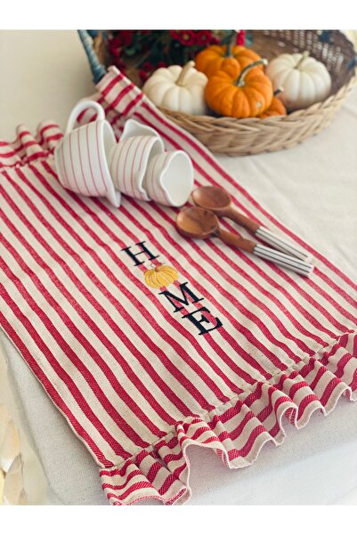 HOME OF BLOSSOM Red Striped Linen Embroidered Ruffle Detailed Kitchen Towel