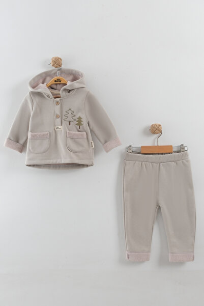 Mini Baray Baby Boy Pine Tree Embroidered Hooded Kangaroo Top and Bottom Set (9-12-18 Months)