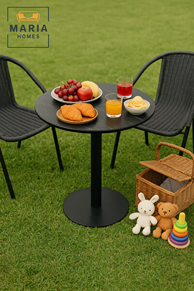 MARIA HOMES Black Round Dining Table 70–74 cm – Modern Café & Restaurant Table with Metal Base