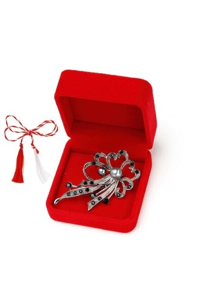 OEM Broșă mărțișor vintage, floare cu marcasite și 2 perle gri în cutie de ca...