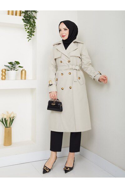 Vibeys Collection Women's Lined Trench Coat with Button Detail on the Back