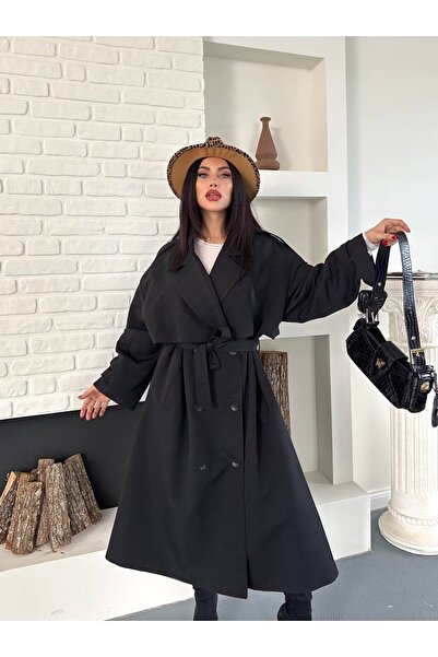 Ekim Store Pelerinli Düğmeli Kuşaklı Maxi Trençkot